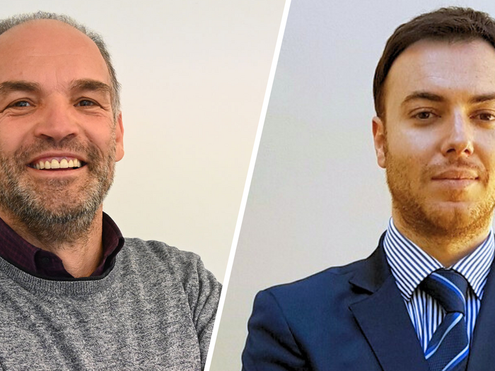 Il futuro del trasporto merci: confronto tra lvh.apa e Confartigianato Trasporti Ritratti di due uomini, uno sorridente con maglione, l'altro serio in completo e cravatta