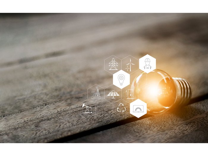 lvh bietet ersten Nachhaltigkeitslehrgang in Südtirol an Glühbirne mit Energie- und Nachhaltigkeitssymbolen auf Holztisch