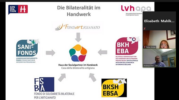 Frauen im Handwerk setzen auf digital Grafik zur Bilateralität im Handwerk mit Logos und Videokonferenzfenster