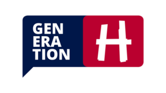 Downloads Logo von Generation H in Blau und Rot mit weißem Text