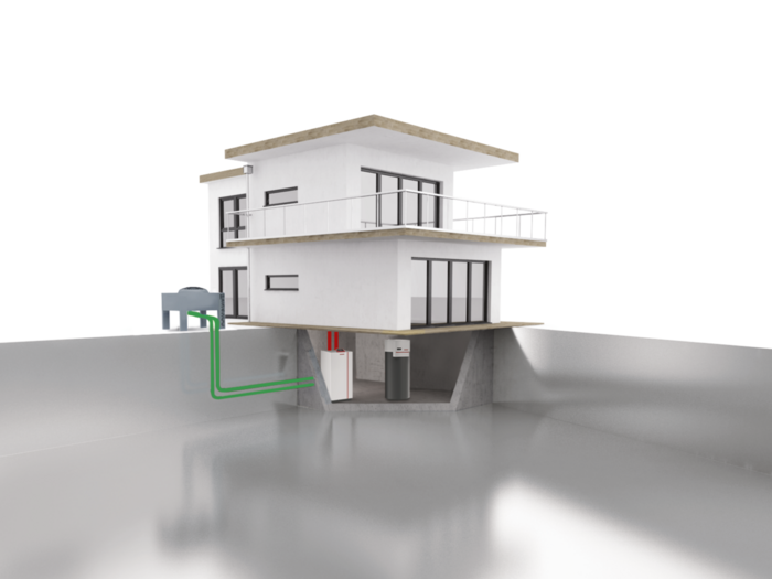 Energieförderung 2025: Wärmepumpen-Offensive bringt Schwung für Südtirols Handwerk 3D-Modell eines Hauses mit angeschlossener Haustechnik und Heizsystem im Keller