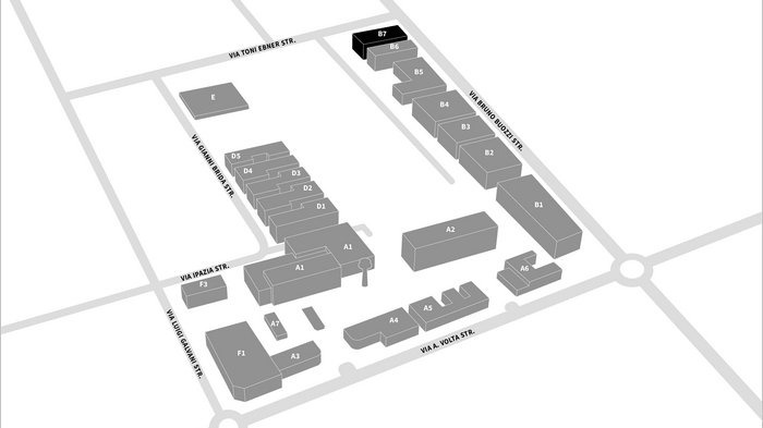 Avviata la procedura a evidenza pubblica per l’insediamento di imprese attraverso l’edificazione privata al NOI Techpark di Bol-zano Mappa 3D complesso edilizio con nomi delle strade