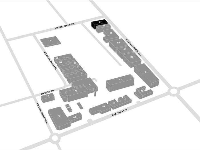 Avviata la procedura a evidenza pubblica per l’insediamento di imprese attraverso l’edificazione privata al NOI Techpark di Bol-zano Mappa 3D complesso edilizio con nomi delle strade