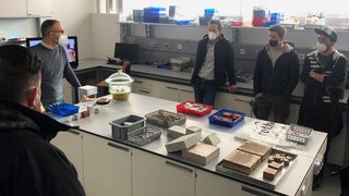 News Personen mit Masken im Labor mit Baustoffproben auf Tisch