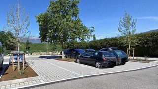 News Parkplatz mit mehreren geparkten Autos und Bäumen unter klarem blauen Himmel