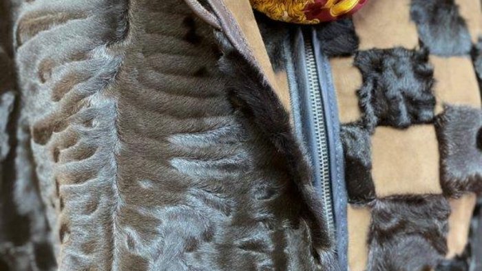 Pellicciai Primo piano di un cappotto di pelliccia con motivo e sciarpa rossa e dorata