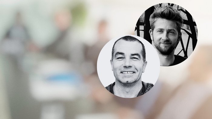 Gesundheitsleistungen im Handwerk vorgestellt Zwei lächelnde Männer in schwarz-weiß Porträts vor unscharfem Hintergrund