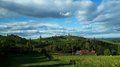 Unsere Althandwerker zu Besuch in der Stiermark Grüne Weinberge und Häuser unter bewölktem Himmel in einer Landschaft