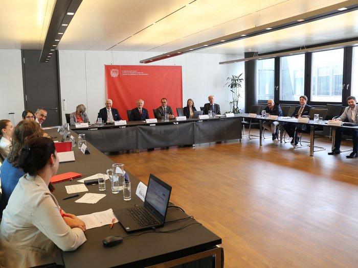 Taxi e veicoli a noleggio: accordo tra Paesi per ovviare al vuoto normativo nel trasporto transfrontaliero di persone Persone sedute a una riunione in una sala conferenze a forma di U