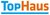 Logo con scritta TopHaus in blu e arancione
