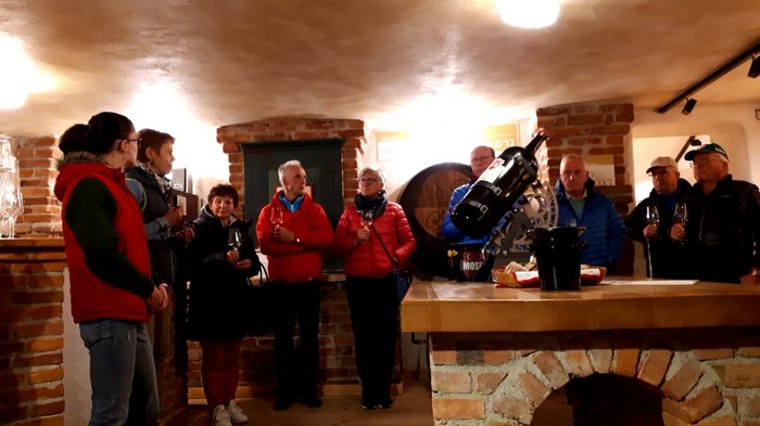 Unsere Althandwerker zu Besuch in der Stiermark Gruppe von Menschen bei einer Weinverkostung in einem Keller