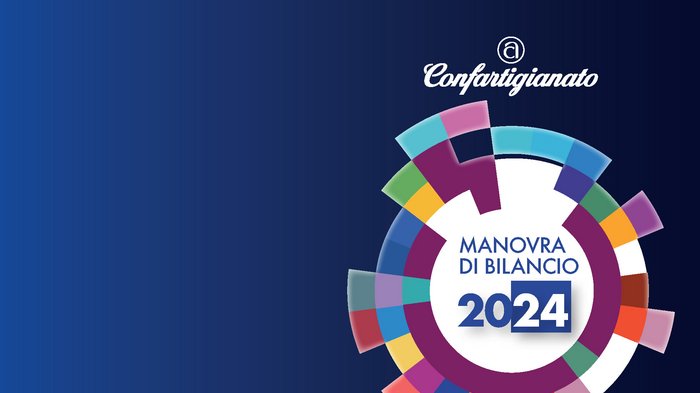 Bilanzgesetz 2024 Confartigianato Logo mit Manovra di Bilancio 2024 Text und bunten Kreisformen