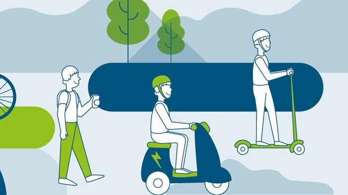 Bewerbung für den Südtiroler Mobilitätspreis 2025 Illustration verschiedener nachhaltiger Verkehrsmittel und Mobilitätspreis Südtirol 2025