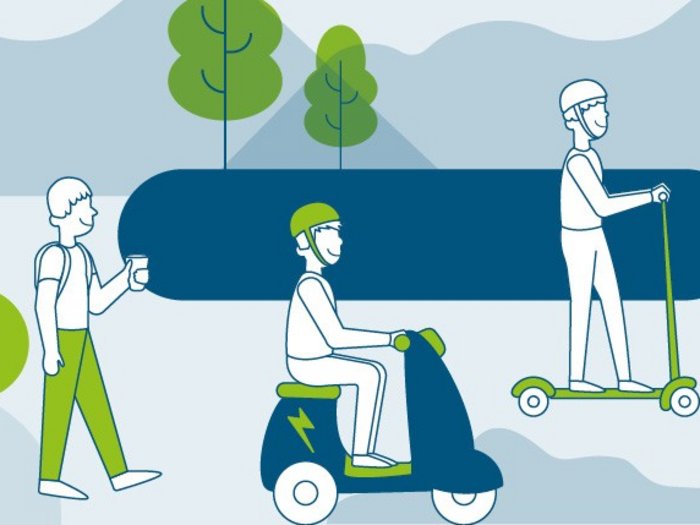 Bewerbung für den Südtiroler Mobilitätspreis 2025 Illustration verschiedener nachhaltiger Verkehrsmittel und Mobilitätspreis Südtirol 2025