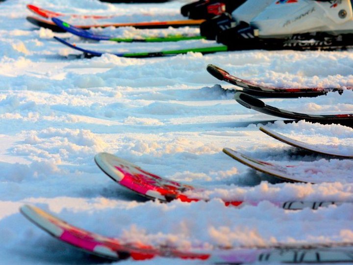 Tecnici manutenzione articoli sportivi Più sci appoggiati sulla neve in fila.