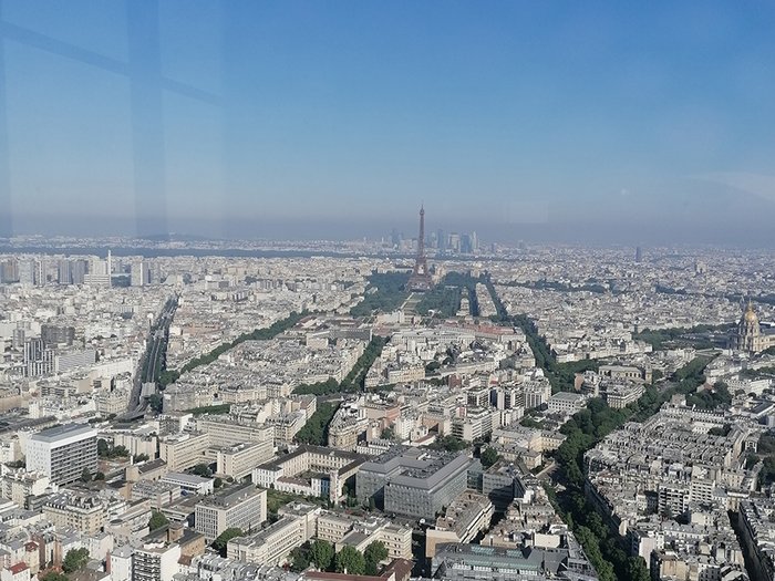 lvh-Seniorinnen und Senioren auf Frühlingsreise: Paris, mon amour! Luftaufnahme von Paris mit sichtbarem Eiffelturm und blauen Himmel