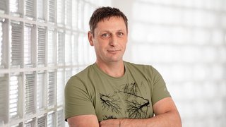 News Mann in grünem T-Shirt lehnt an Wand aus Glasbausteinen