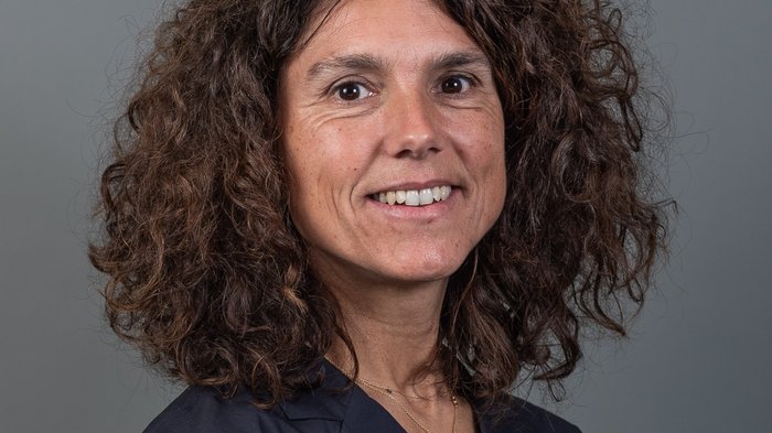 Smaltimento degli pneumatici usati Ritratto di una donna sorridente con capelli castani ricci su sfondo grigio