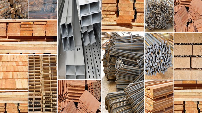 Materiali da costruzione: Pagamento dell’aumento dei prezzi Collage di materiali da costruzione come legno, profili in acciaio, mattoni e ferri di armatura