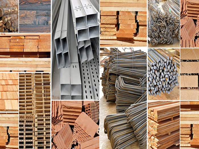 Ausgleichszahlungen für Baumaterialien Collage von Baumaterialien wie Holz, Stahlprofilen, Ziegeln und Bewehrungsstahl