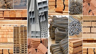 News Collage von Baumaterialien wie Holz, Stahlprofilen, Ziegeln und Bewehrungsstahl