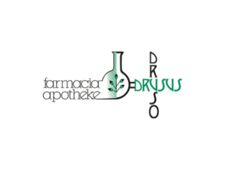 Althandwerker Logo mit Schriftzug farmacia apotheke und dr drusus neben einem Laborflasche