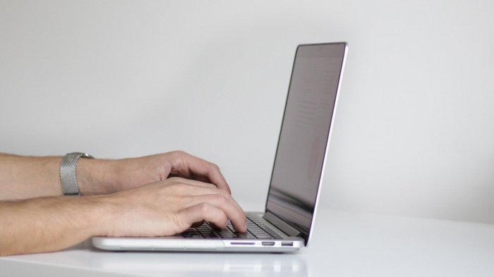 Barrierefreiheit von Webseiten Hände tippen auf Laptop-Tastatur auf weißem Schreibtisch mit Pflanze