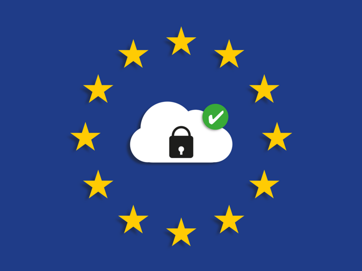 Fakten zum Thema Cloud-Speicher mit Schloss und EU-Sternen, Symbol für Datenschutz