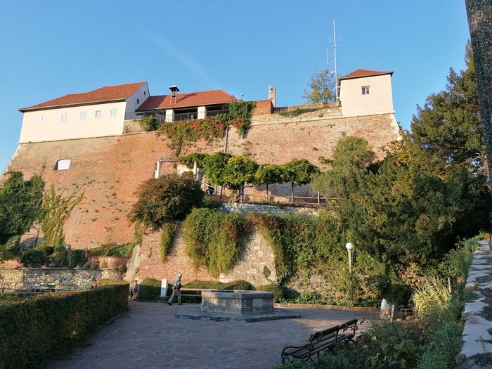 Unsere Althandwerker zu Besuch in der Stiermark Historische Burg mit roten Ziegeldächern und bewachsenen Mauern bei klarem Himmel