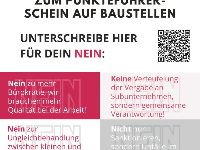 NEIN zum Punkteführerschein, JA zu klaren Zugangsvoraussetzungen für Berufe Manifesto contro il patentino a punti nei cantieri con invito a firmare per il No